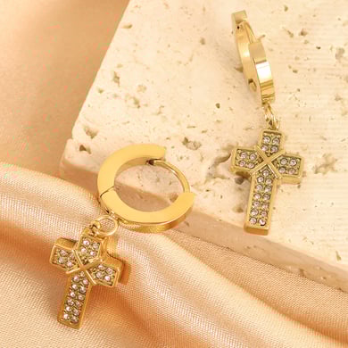 1 Pair Dazzling Series Classic Cross Titanium Steel Gold Color Women's Drop Earrings h5 Picture3