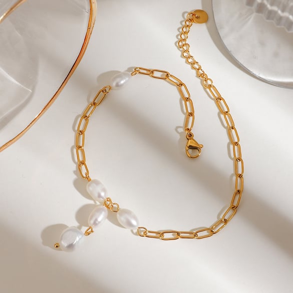 Cavigliere da donna in acciaio inossidabile color oro con perle, stile Ins, serie semplice, 1 pezzo