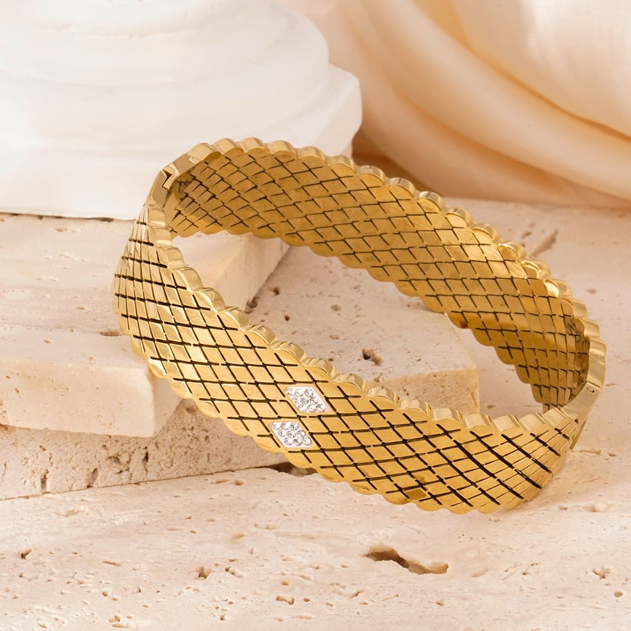 1 Piece Radiant Series Retro Grid Stainless Steel Gold Color Women's Bangles Picture4