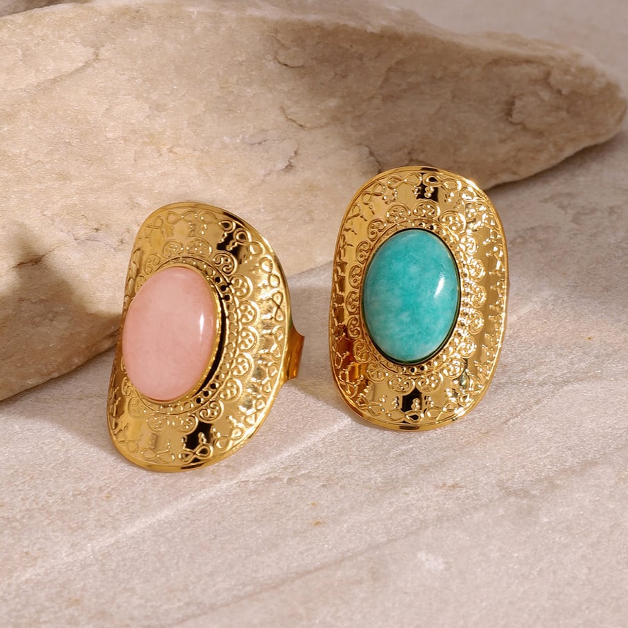 1 Piece Classic Retro Style Geometric Shape Stainless Steel 18K Gold Plated Inlay Natural Stone Women's Adjustable Ring Picture4