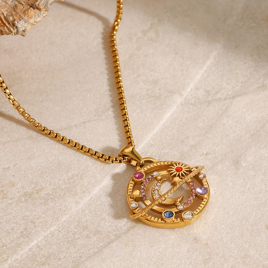 1 Piece Luxurious Series Elegant Sun/Moon Stainless Steel 18K Gold Plated Rhinestone Women Pendant Necklaces Picture6