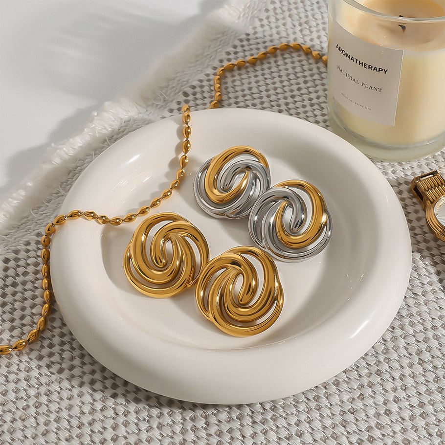 1 par de pendientes de botón elegantes de acero inoxidable anular de color dorado para mujer Imagen3