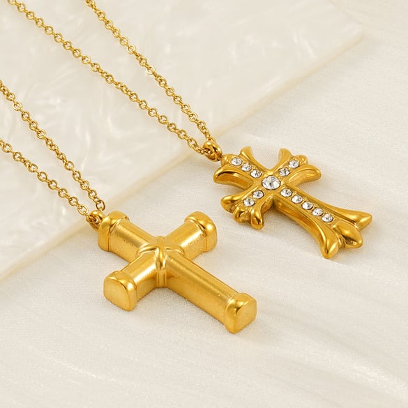 1 Piece European and American Style Cross Shape Titanium Steel Gold Plated Inlay Rhinestone Women's Pendant Necklace 2