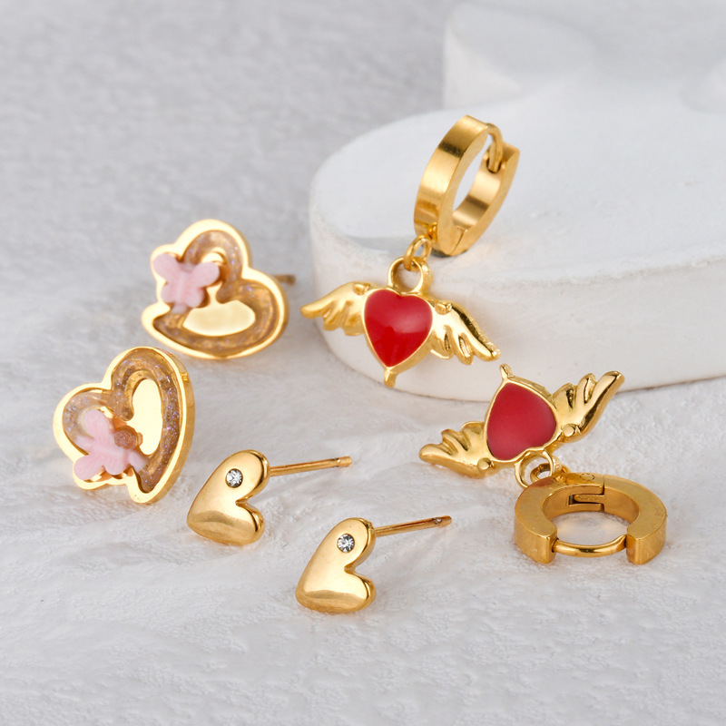 Juego de 1 par de pendientes de acero inoxidable con forma de corazón para mujer Imagen2