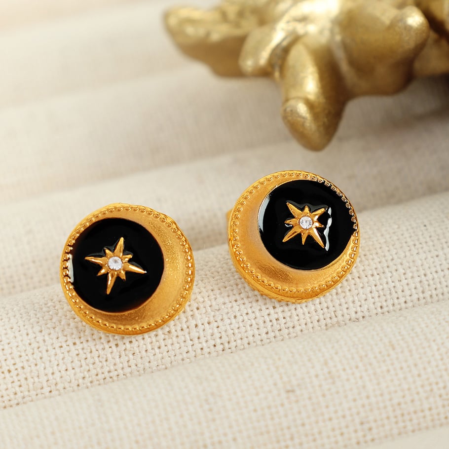 1 Pair Classic Series Retro Sun/Moon Stainless Steel 18K Gold Plated Rhinestone Women Stud Earrings Picture3
