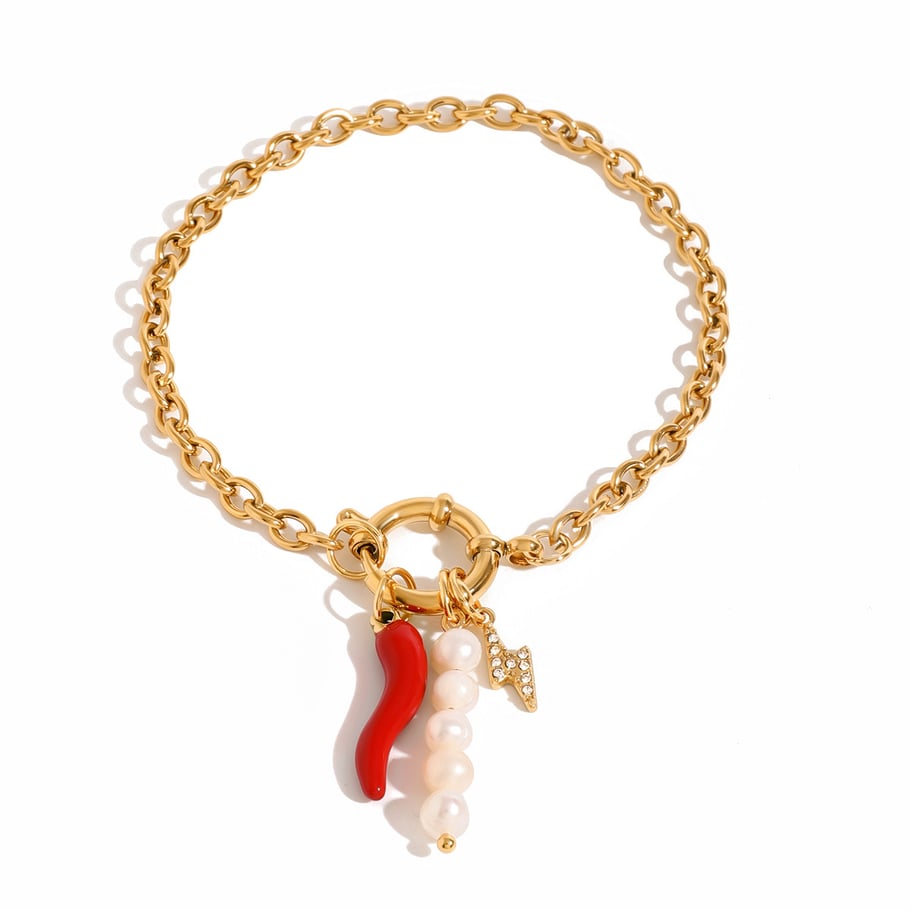 1 Piece Simple Casual Style Chili Pepper Shape Stainless Steel 18K Gold Plated Inlay Artificial Pearl Women's Charm Bracelet Picture5