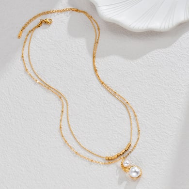 Collier élégant géométrique en acier inoxydable plaqué or 14 carats avec perles artificielles pour femme, série classique, 1 pièce h5 Image2