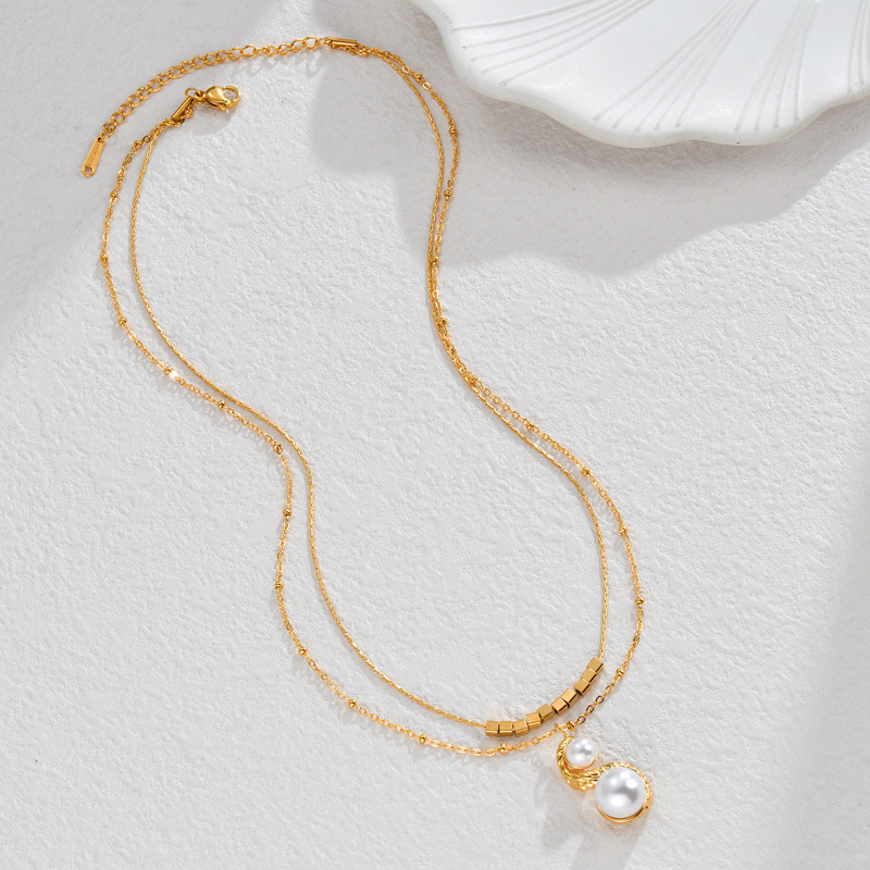 Collier élégant géométrique en acier inoxydable plaqué or 14 carats avec perles artificielles pour femme, série classique, 1 pièce Image2
