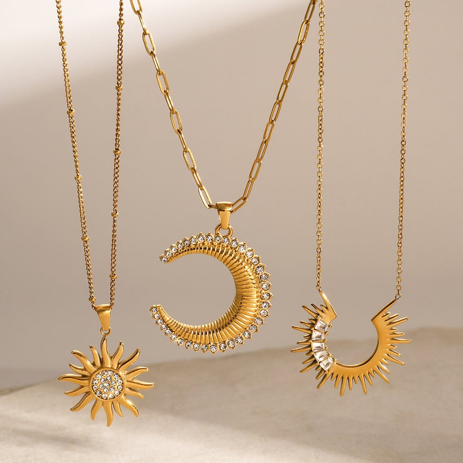 1 Piece Simple Series Punk Sun/Moon Stainless Steel 18K Gold Plated Rhinestone Women Pendant necklaces Picture4