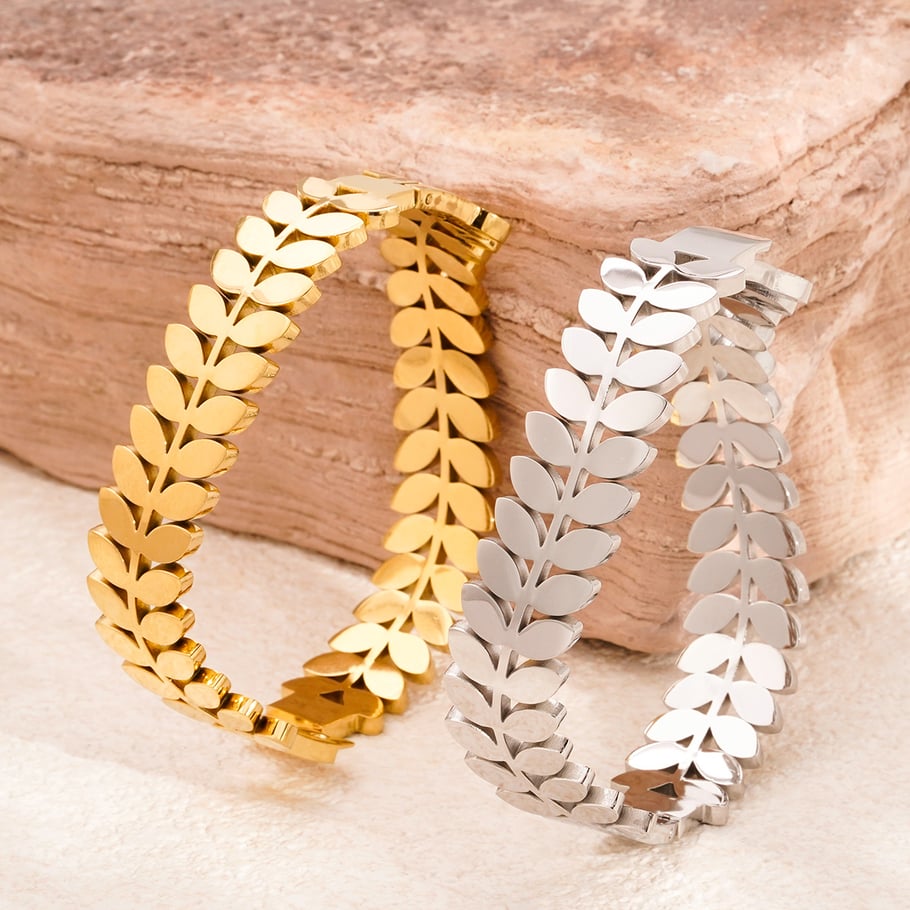1 Stück Simple Series Natürliche Pflanzen Edelstahl Gold Farbe Damen Armreifen Bild5