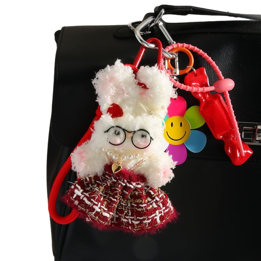1 Piece Romantic Series Cute Plaid Dress Rabbit Fluffy Doll Rayon Women's Bag Charms Picture6
