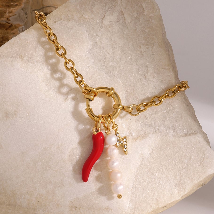 1 Piece Simple Casual Style Chili Pepper Shape Stainless Steel 18K Gold Plated Inlay Artificial Pearl Women's Charm Bracelet Picture3