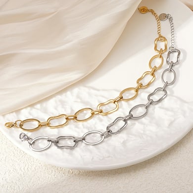 Pulsera de cadena de titanio y acero dorado con diseño geométrico diario de serie simple para mujer, 1 pieza h5 Imagen5