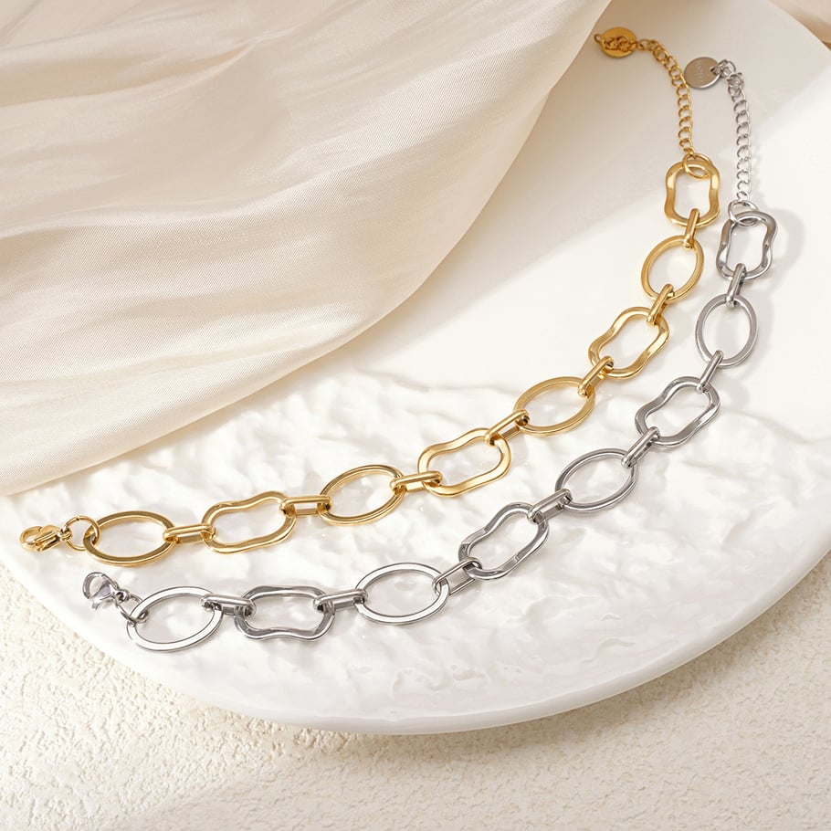 Pulsera de cadena de titanio y acero dorado con diseño geométrico diario de serie simple para mujer, 1 pieza Imagen5