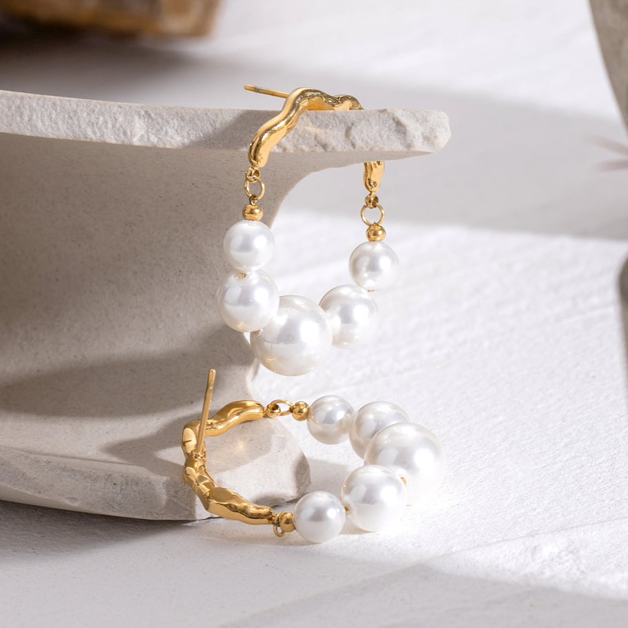 1 Pair Simple Series Retro Beads Stainless Steel 18K Gold Plated Artificial Pearl Women Hoop Earrings Picture4