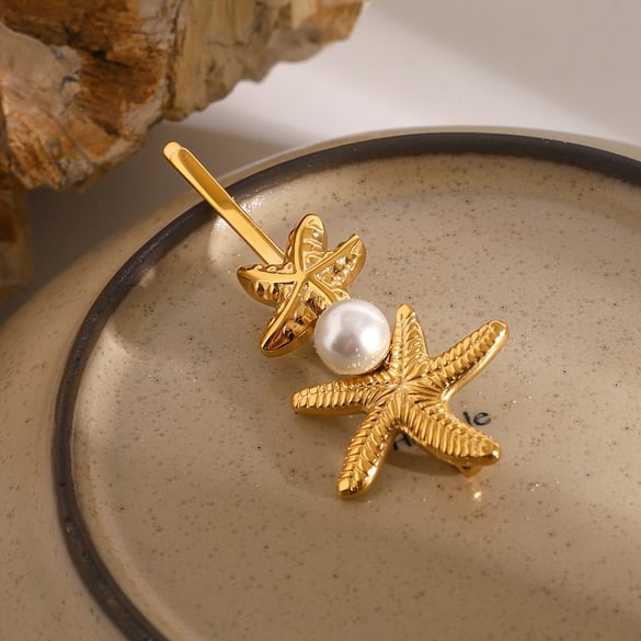 1 Pair Simple Series ins style Turtle Stainless Steel 18K Gold Plated Artificial Pearl Women Hair Clips 2