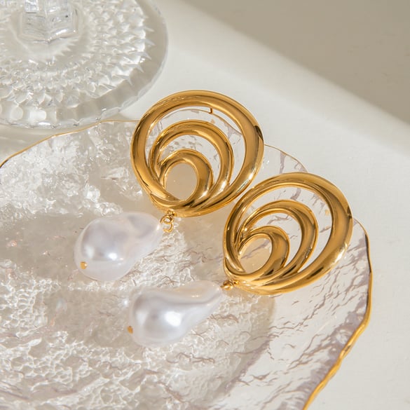 1 Pair Classic Series ins style Annular Stainless Steel 18K Gold Plated Artificial Pearl Women Drop Earrings 2