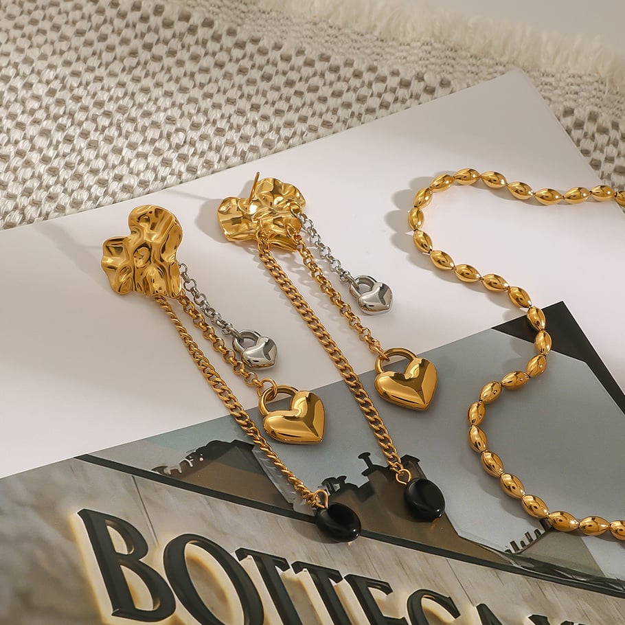 1 Pair Trendy Series Retro Heart Shape Tassels Stainless Steel Gold And Silver Mixed Color Women's Drop Earrings Picture3