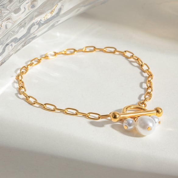 1 pezzo semplice serie dolce geometrico acciaio inossidabile placcato oro 18K perle artificiali donne braccialetti con ciondoli