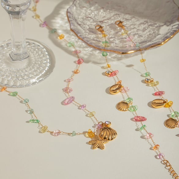 Cross-border European and American ins style 18k gold stainless steel rhinestones colored gravel shell starfish rhinestone pendant jewelry wholesale