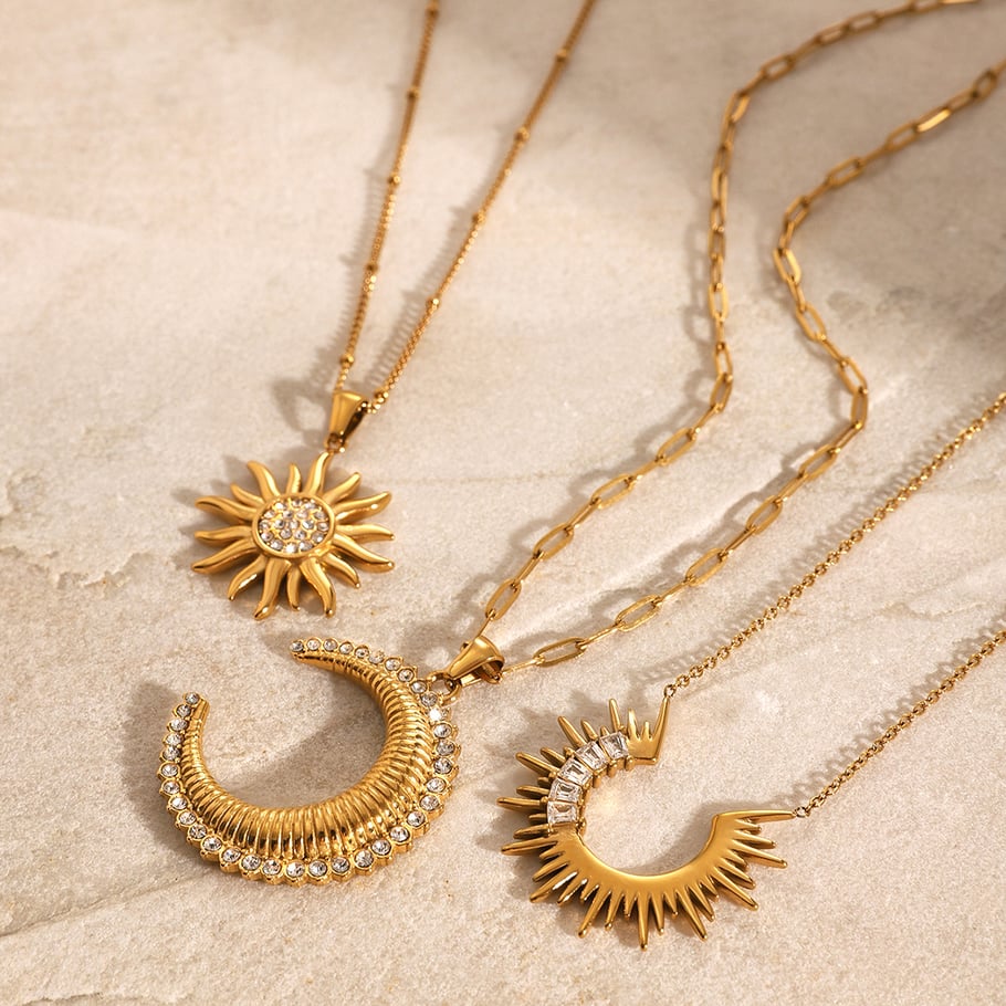 1 Piece Simple Series Punk Sun/Moon Stainless Steel 18K Gold Plated Rhinestone Women Pendant necklaces Picture5