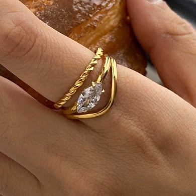 Conjunto de anillos de mujer de acero inoxidable ovalado, color dorado, serie lujosa, estilo Ins, 1 pieza h5 Imagen6