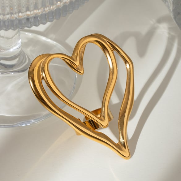 1 par de anillos ajustables para mujer de acero inoxidable chapados en oro de 18 quilates con forma de corazón romántico