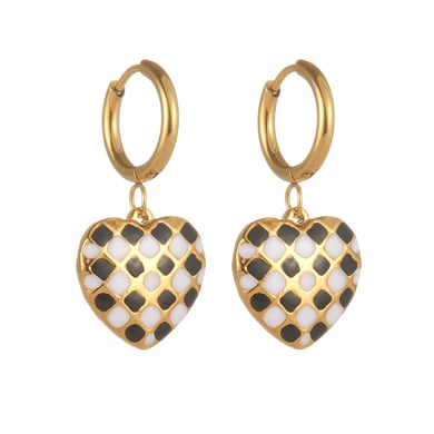 1 Pair Retro Checkerboard Color Heart Shape Gold Color Stainless Steel Women's Drop Earrings h5 Picture2