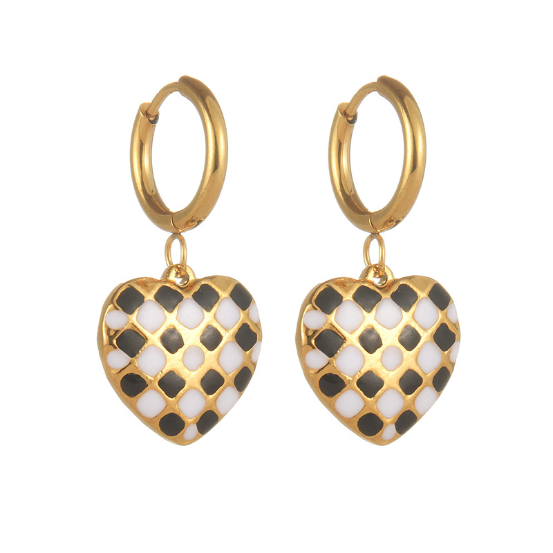 1 Pair Retro Checkerboard Color Heart Shape Gold Color Stainless Steel Women's Drop Earrings Picture2