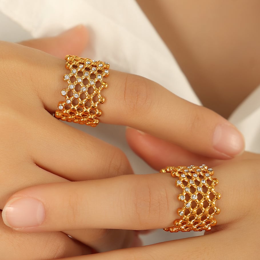 1 Pair Simple Series Retro Geometric Stainless Steel 18K Gold Plated Rhinestone Women Single Rings Picture5