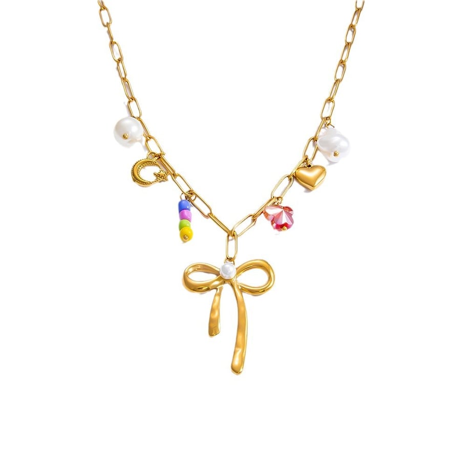 1 Piece Romantic Series Sweet Bowknot Stainless Steel 18K Gold Color Plated Artificial Pearl Women's Pendant Necklaces Picture5