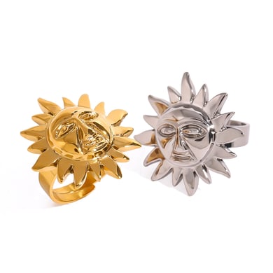 1 Pair Simple Series Retro Sun/Moon Stainless Steel 18K Gold Plated Women Adjustable Rings h5 Picture5