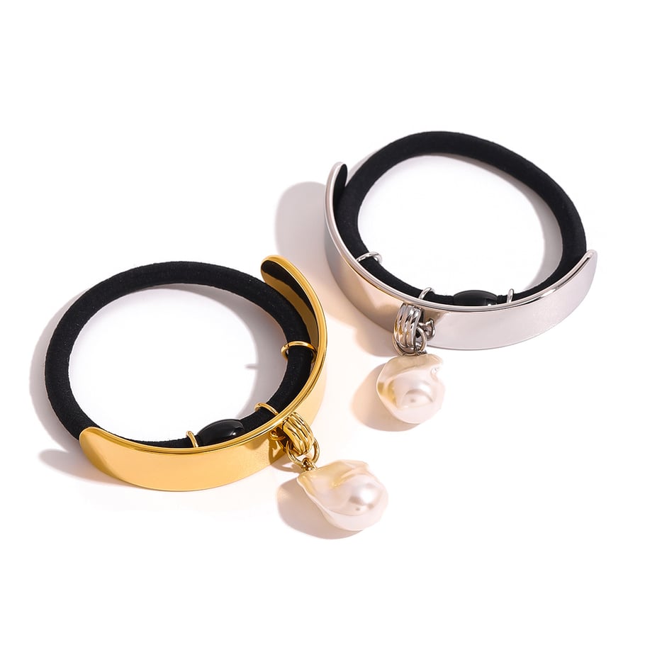 1 Paar Simple Series Elegante geometrische Haargummis aus Edelstahl mit 18 Karat Goldbeschichtung und Kunstperlen für Damen Bild5