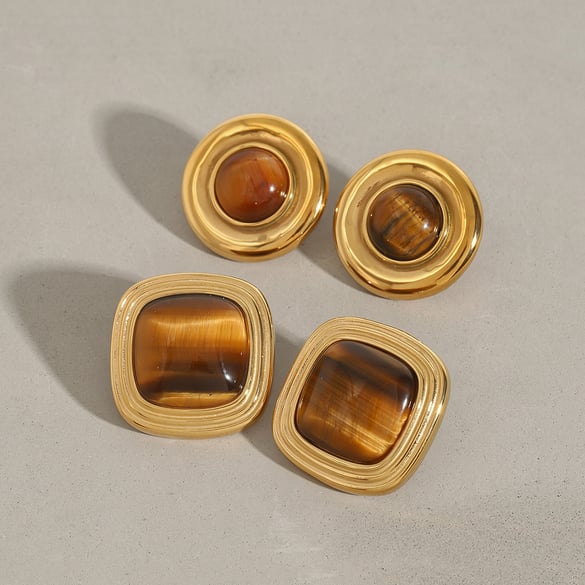 1 Pair Classic Series Quadrilateral Stainless Steel Gold Color Tiger's-eye Stone Women's Stud Earrings