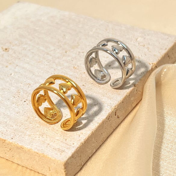 1 Piece Romantic Series Retro Heart Hollow-out Stainless Steel Gold Color Women's Adjustable Rings 2