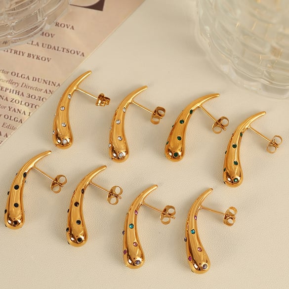 1 Pair Simple Series Simple Droplet Stainless Steel 18K Gold Plated Rhinestone Women Stud Earrings 2
