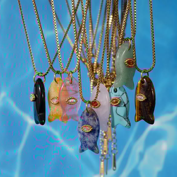 1 Piece Lustrous Series Textured FishStainless Steel Gold Color Natural Stone Women's Pendant Necklaces