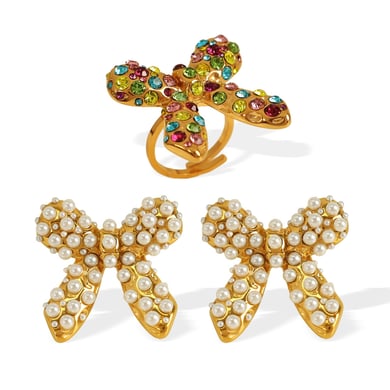 1 Pair Simple Series Retro Bow Knot Stainless Steel 18K Gold Plated Rhinestone Women Stud Earrings h5 Picture7