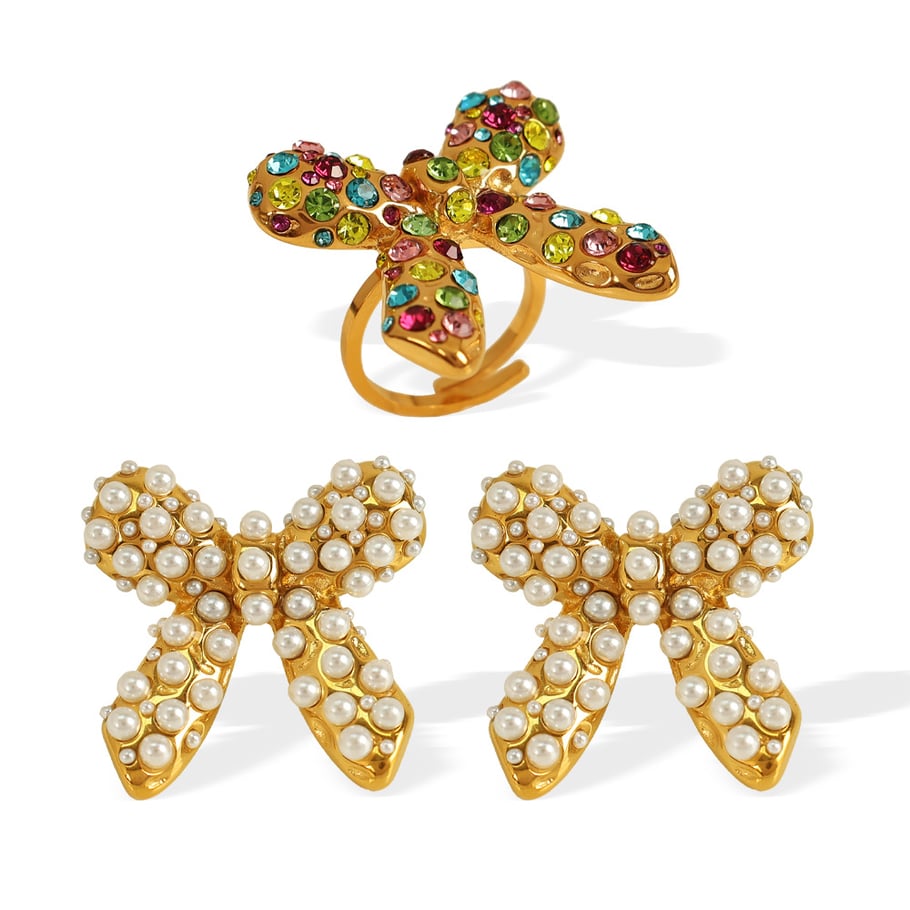 1 Pair Simple Series Retro Bow Knot Stainless Steel 18K Gold Plated Rhinestone Women Stud Earrings Picture7