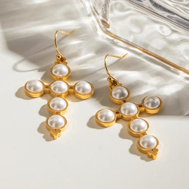 1 Paar Simple Series Retro Kreuz Edelstahl 18 Karat vergoldet Kunstperle Damen Ohrringe Set h5 Bild4