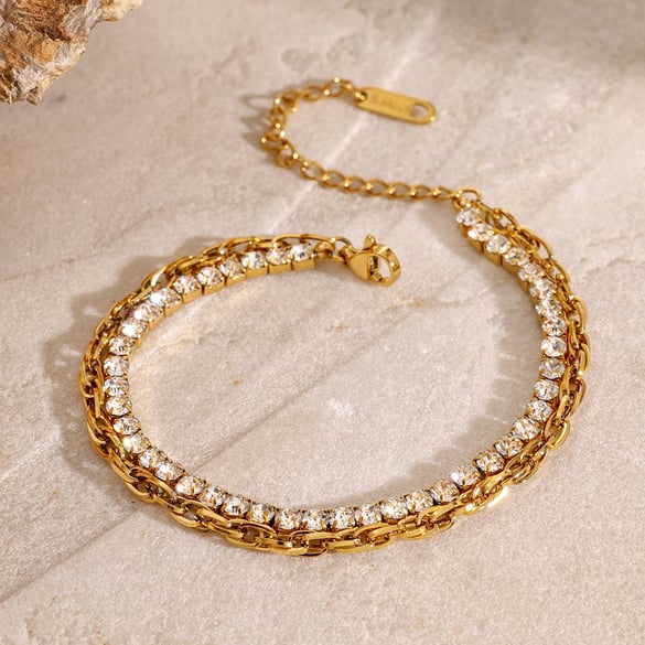 1 Piece Luxurious Series Simple Geometric Stainless Steel 18K Gold Plated Rhinestone Women chain bracelets 2