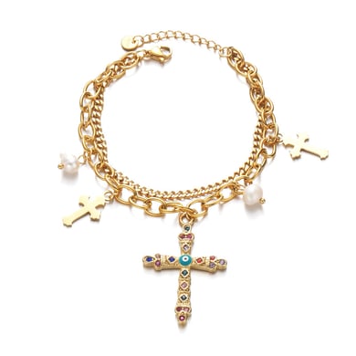 Bracelet à breloques pour femme, série luxueuse, croix quotidienne, en acier inoxydable plaqué or 18 carats, avec perles artificielles h5 Image5