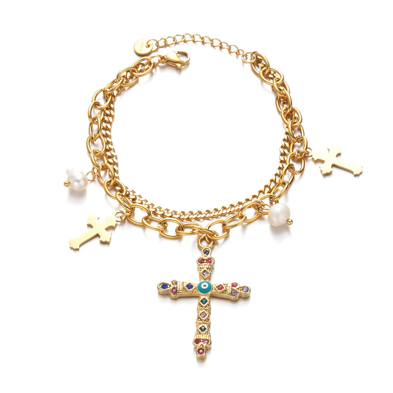 Bracelet à breloques pour femme, série luxueuse, croix quotidienne, en acier inoxydable plaqué or 18 carats, avec perles artificielles Image5