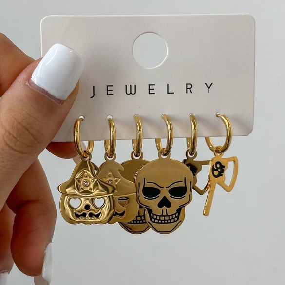 1 Pair Simple Series Punk Skull Stainless Steel 18K Gold Plated Women Earrings set