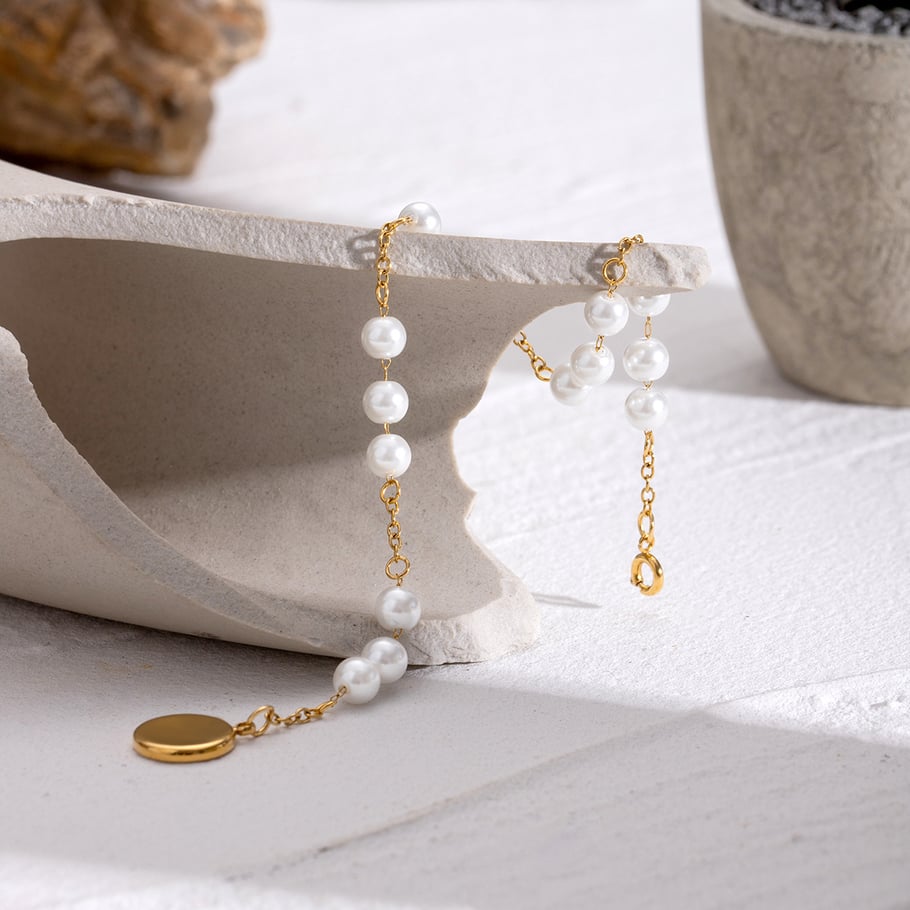 1 Piece Simple Series Sweet Beads Stainless Steel 18K Gold Plated Artificial Pearl Women Beaded Bracelets Picture5