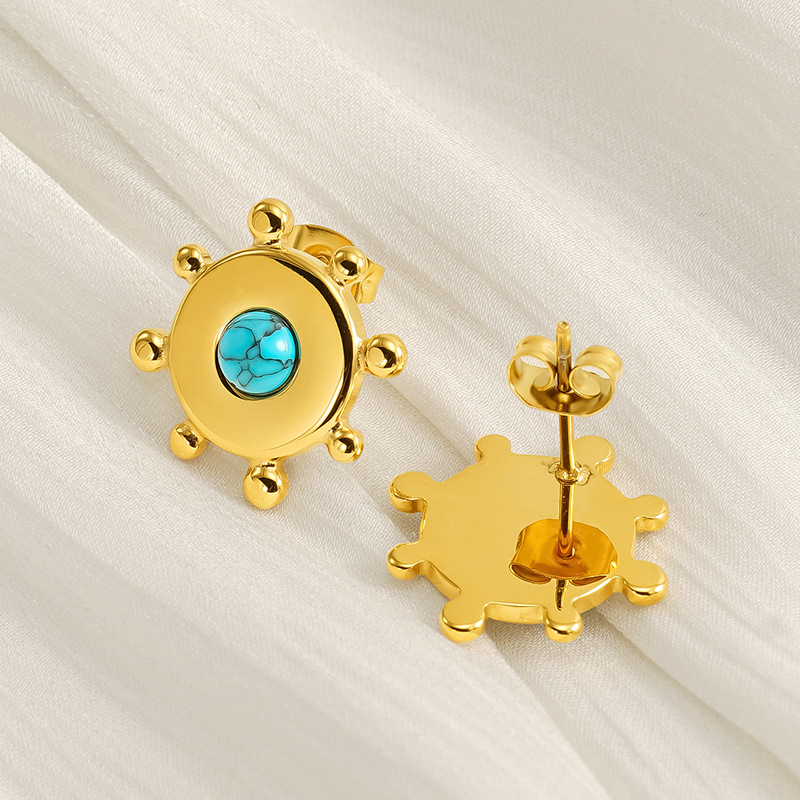 1 Pair Simple Retro Style Geometric Shape Stainless Steel 18K Gold Plated Inlay Turquoise Women's Stud Earrings Picture5