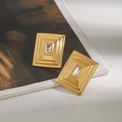 1 par de lujosos pendientes de botón de acero inoxidable dorados con diseño cuadrilátero retro para mujer h5 Imagen6