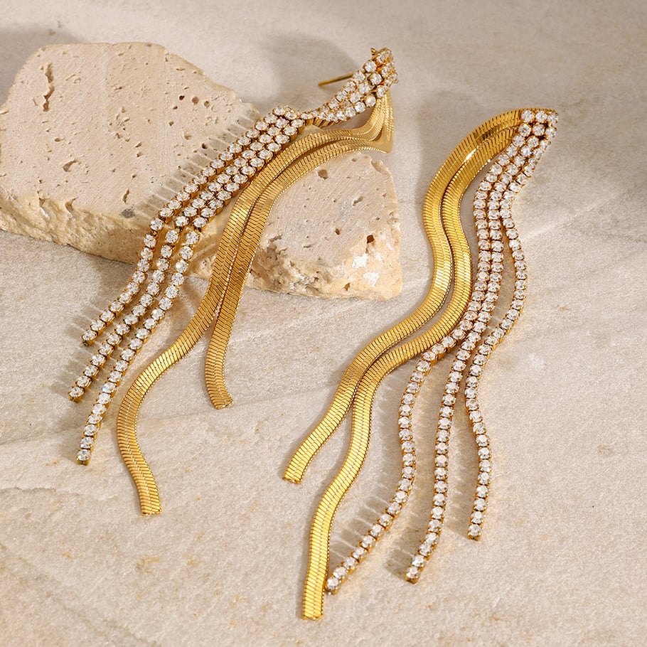 1 Pair Classic Series Elegant line Stainless Steel 18K Gold Plated Rhinestone Women Drop Earrings Picture3