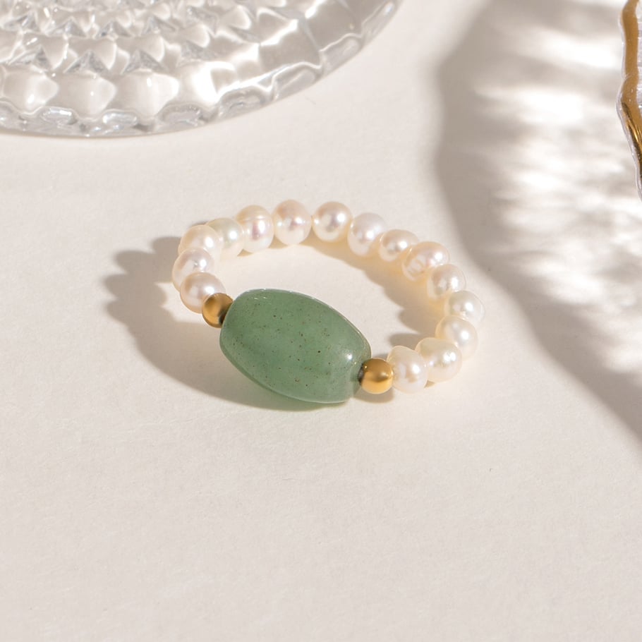 1 Piece Classic Series Elegant Beaded Stainless Steel Gold Color Natural Green Stone Women's Single Rings Picture3