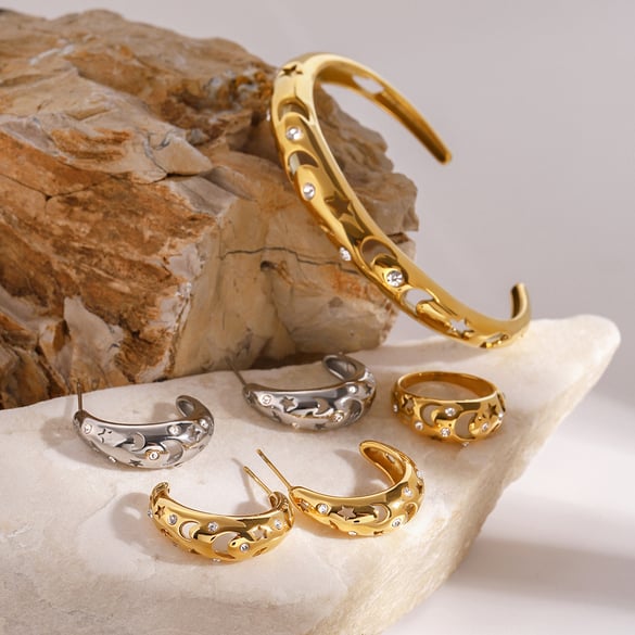 1 Pair Simple Series Casual Sun/Moon Stainless Steel 18K Gold Plated Rhinestone Women Earrings set